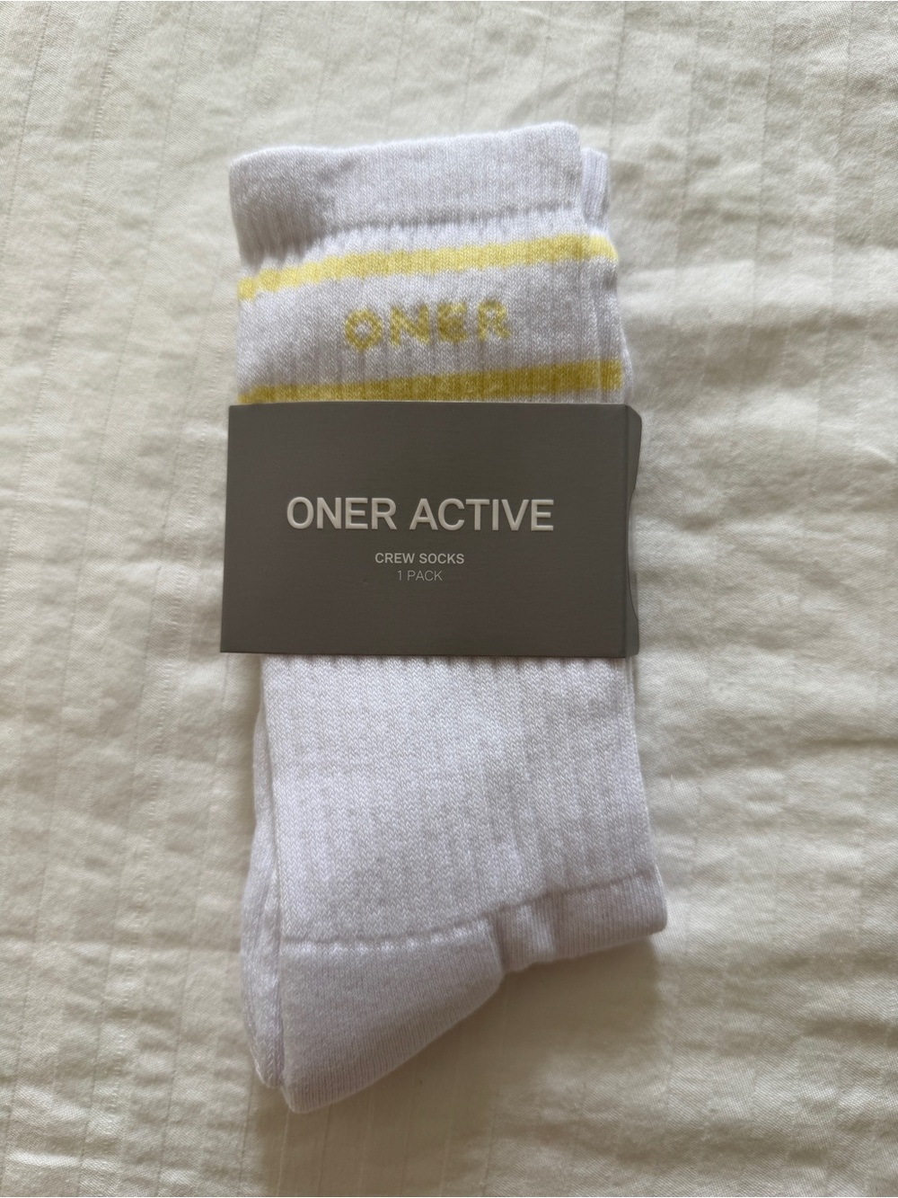 ONER Active White Crew Socks with Yellow Stripe